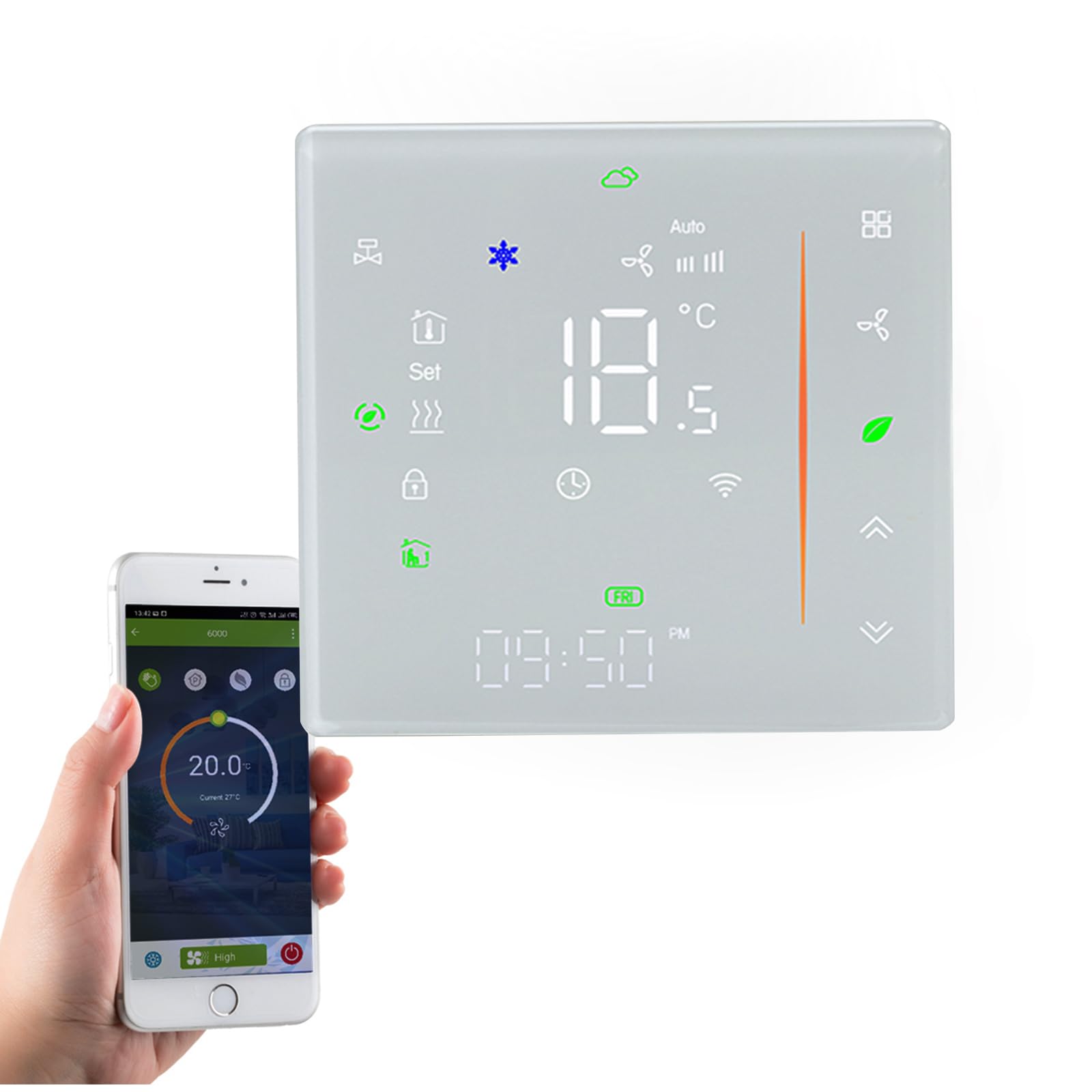 Smart WiFi Termostato de Color Controlador de Temperatura de Aire Acondicionado con Pantalla LCD de 2 Tubos, Funciona con Alexa Google Home, luz LED, proteja Sus Ojos, 95~240V AC