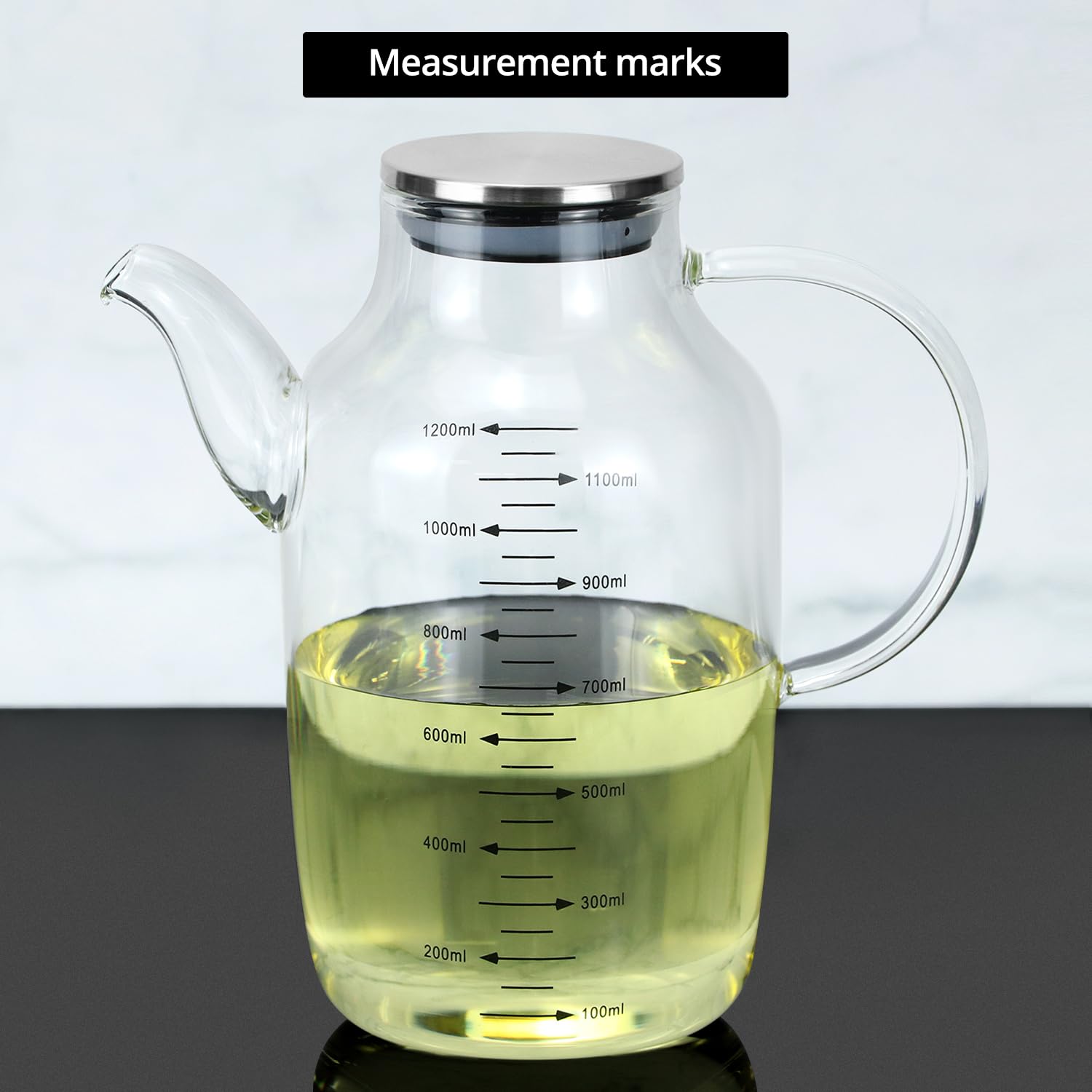 QWORK Botella grande de vidrio para aceite de cocina de 1200 ml, con tapa de acero inoxidable, dispensador de aceite y vinagre, para aceite de oliva, vinagre, salsa de soja, recipiente líquido sin