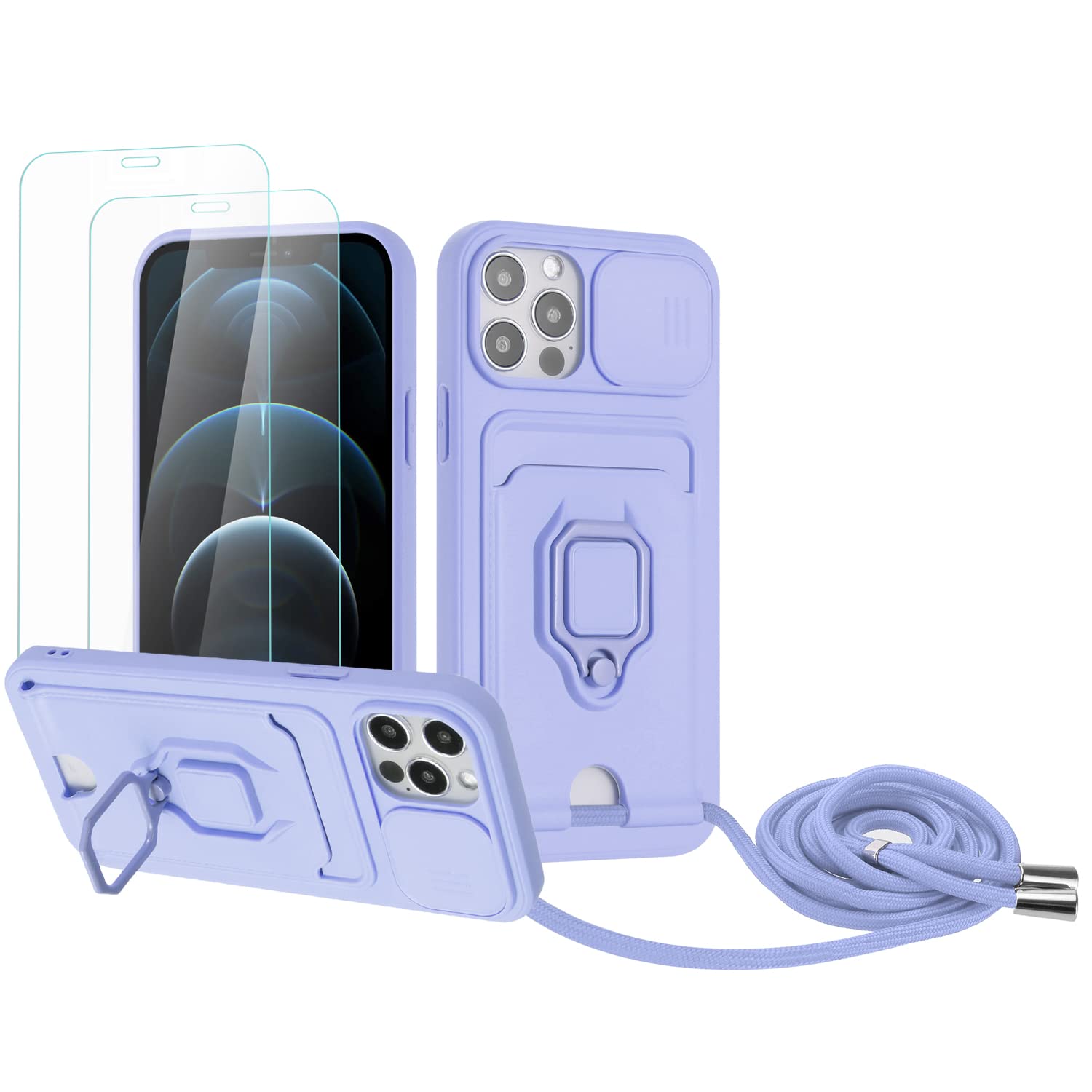 Zallagre Funda con Cuerda Compatible con Redmi Note 13 Pro 5G,[2 Packs Cristal Templado],Ranura para Tarjetas,Cubierta de Cámara Deslizante Proteger,360 Anillo Soporte-Morado — view 73