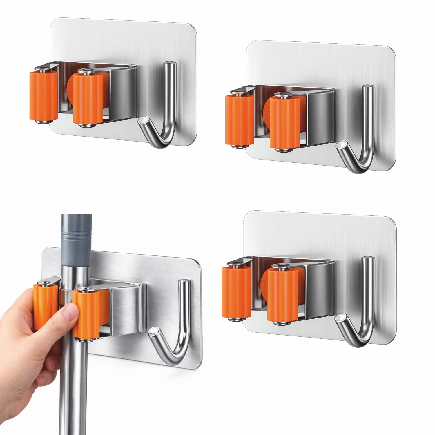 JIALTO 2 Pieces Stainless Steel Broom Holder with Hook - Wall-Mounted Adhesive Waterproof Rustproof Heavy Duty Broom and Mop Stick Holder for Home, Kitchen, Black thumbnail 30