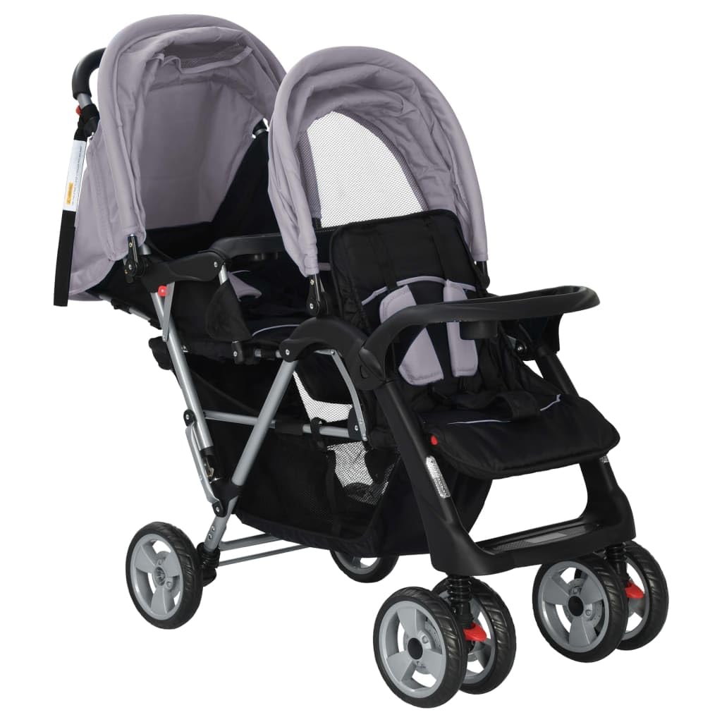 Poussette Double, Poussette pour Jumeaux Pliable Poussette à deux places acier gris et noir