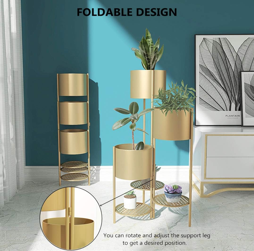 6 Tier 6 Potted Metal Plant Stand, Indoor Outdoor Decorative Planter Flower Pot Holder, Foldable Plant Display Shelf Rack for Patio, Garden, Living Room, Balcony and Bedroom - Gold