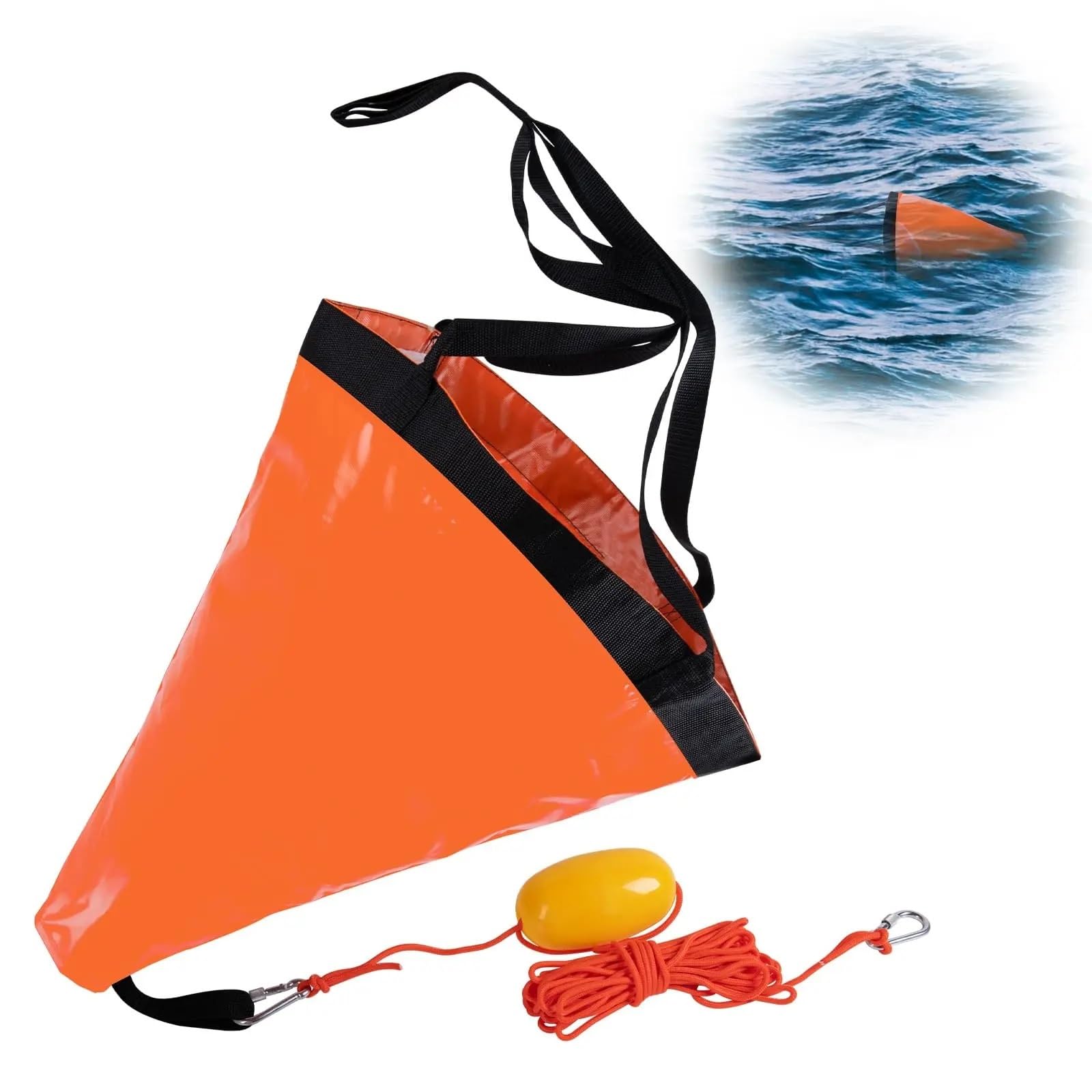 Soywim L Mooring Rope, 19”/24”/42”/53 Inch Drift Sock Sea Anchor Drogue With 30Ft Tow Rope Ine Buoy Bal For Fishing Boat Trolling(L)