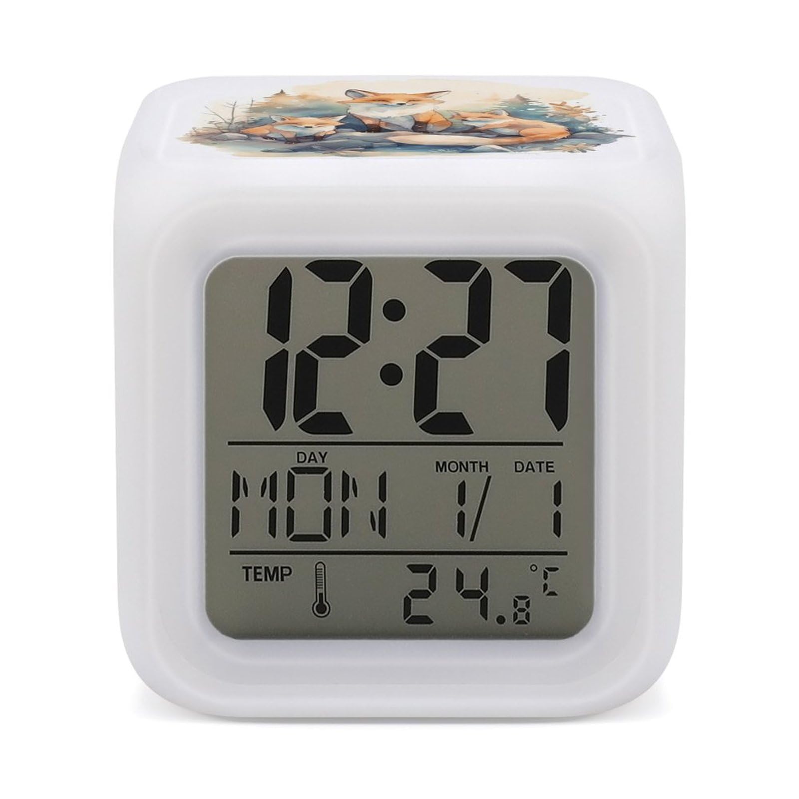 JTREHY 7 Color Changing LED Digital Alarm Clock,Watercolor Fox Printed Wake-up Clock with Temperature Display Home Decoration Alarm Clock for Bedroom Office