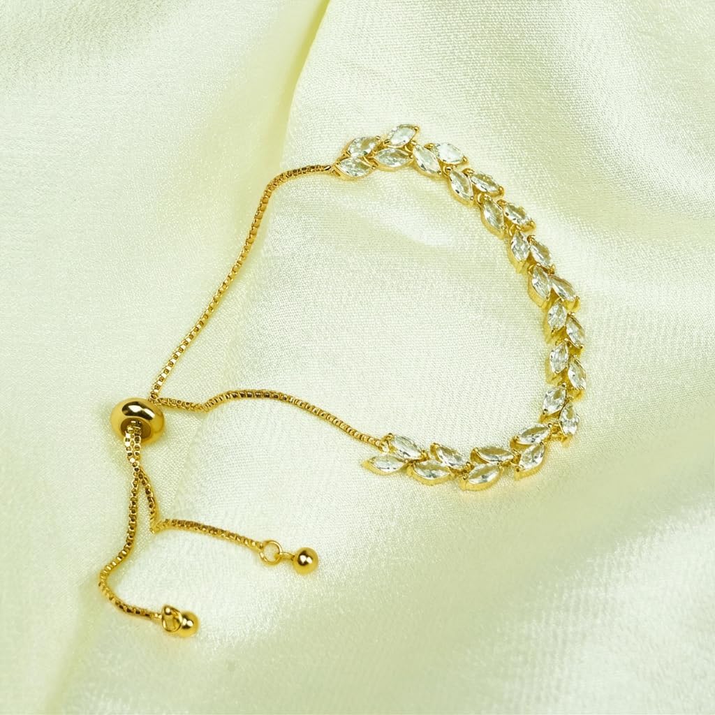 Crystal Leaf Bracelet for Women Adjustable Cubic Zirconia Tennis Chain 18K Gold Plated Bridal Wedding Jewelry