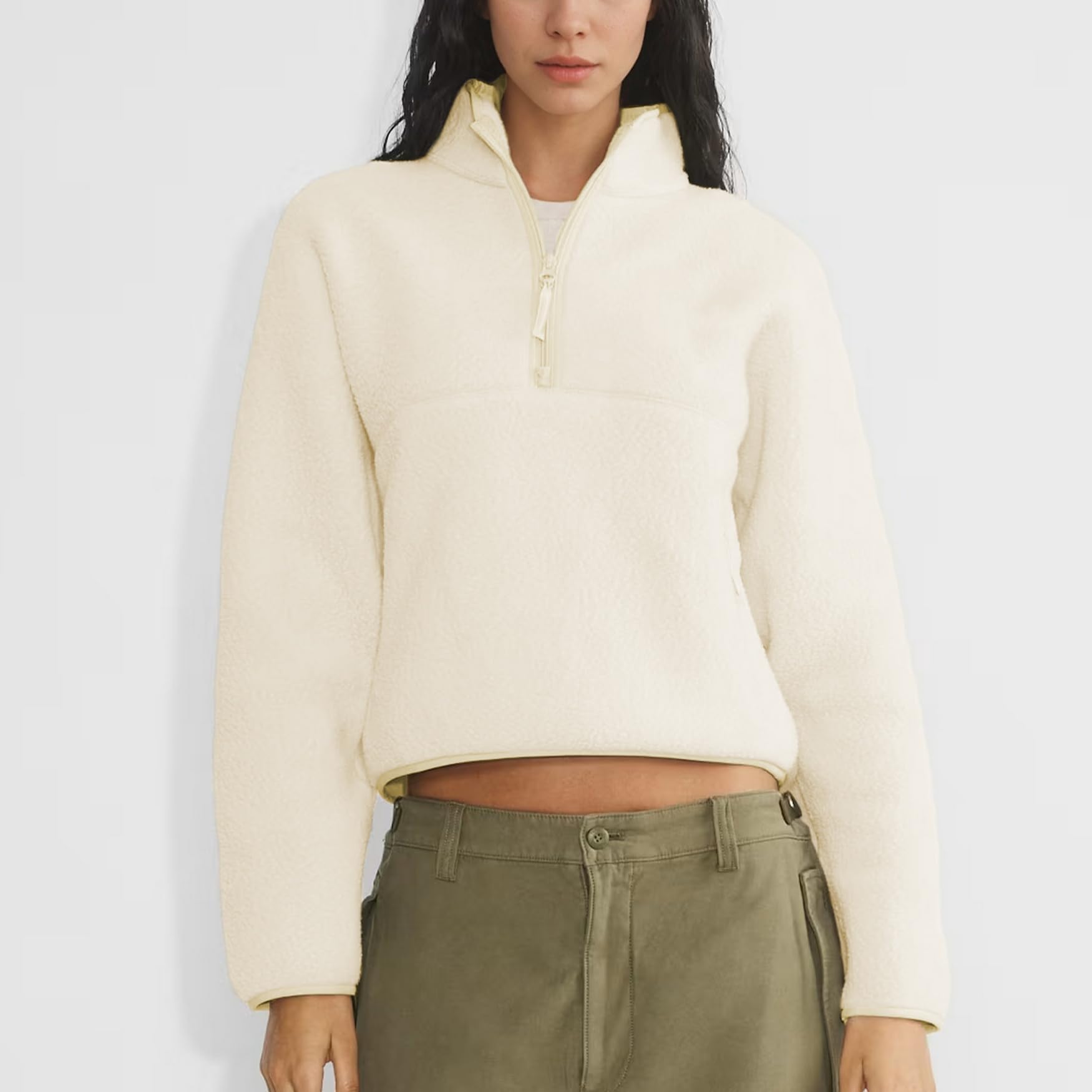 Felpa corta da donna con mezza zip, in pile Sherpa, con tasche