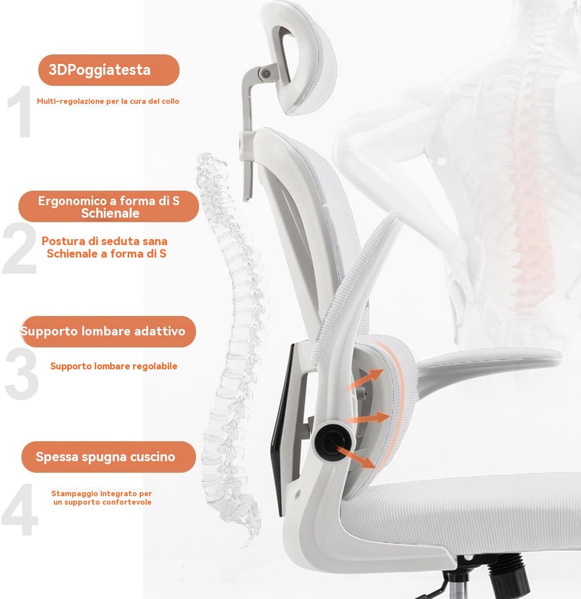 Sedia da Ufficio Ergonomica - Bianco | Sedia da Scrivania Regolabile con Schienale Alto in Rete,Supporto Lombare,Braccioli Ribaltabili | Per Ufficio Domestico,Gaming,Studio