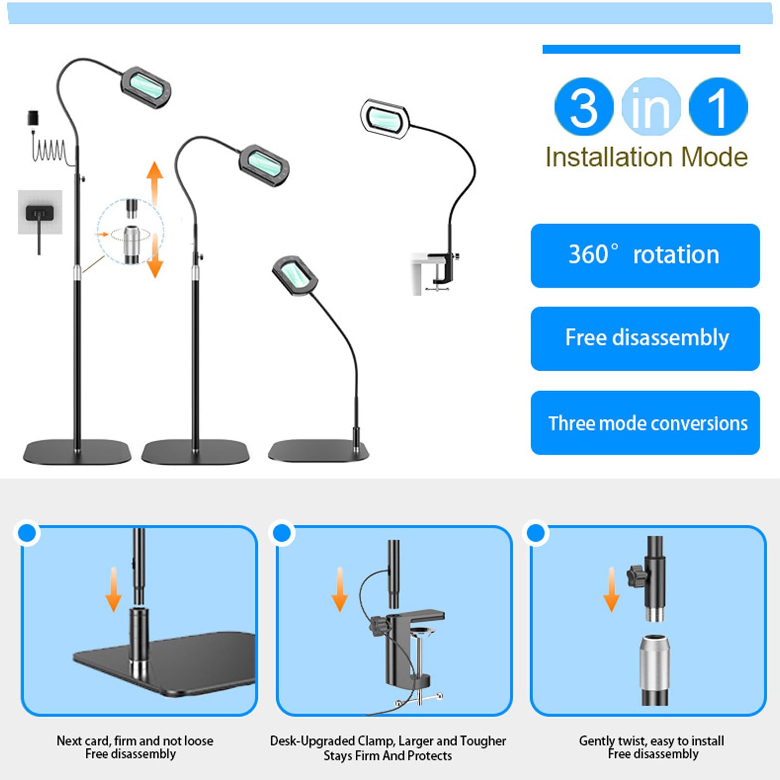 Luocute Lámpara de Aumento 10X con Cuello de Cisne Flexible, Luz LED, 5 Modos de Color y 3 Niveles de Brillo Lupa Iluminada para Lectura, Manualidades, Costura, Fabricación de Joyas