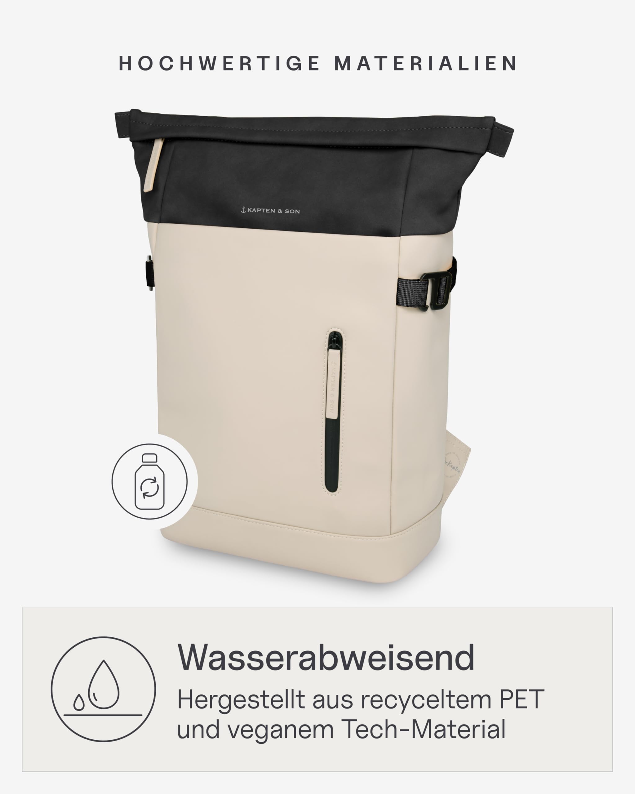 Kapten & Son Rucksack Aarhus Cream Black 14 L | Rucksack Damen & Herren Schwarz-Beige | Rolltop mit 14" Laptopfach | Backpack ideal für Reisen, City, Uni, Arbeit | wasserabweisend