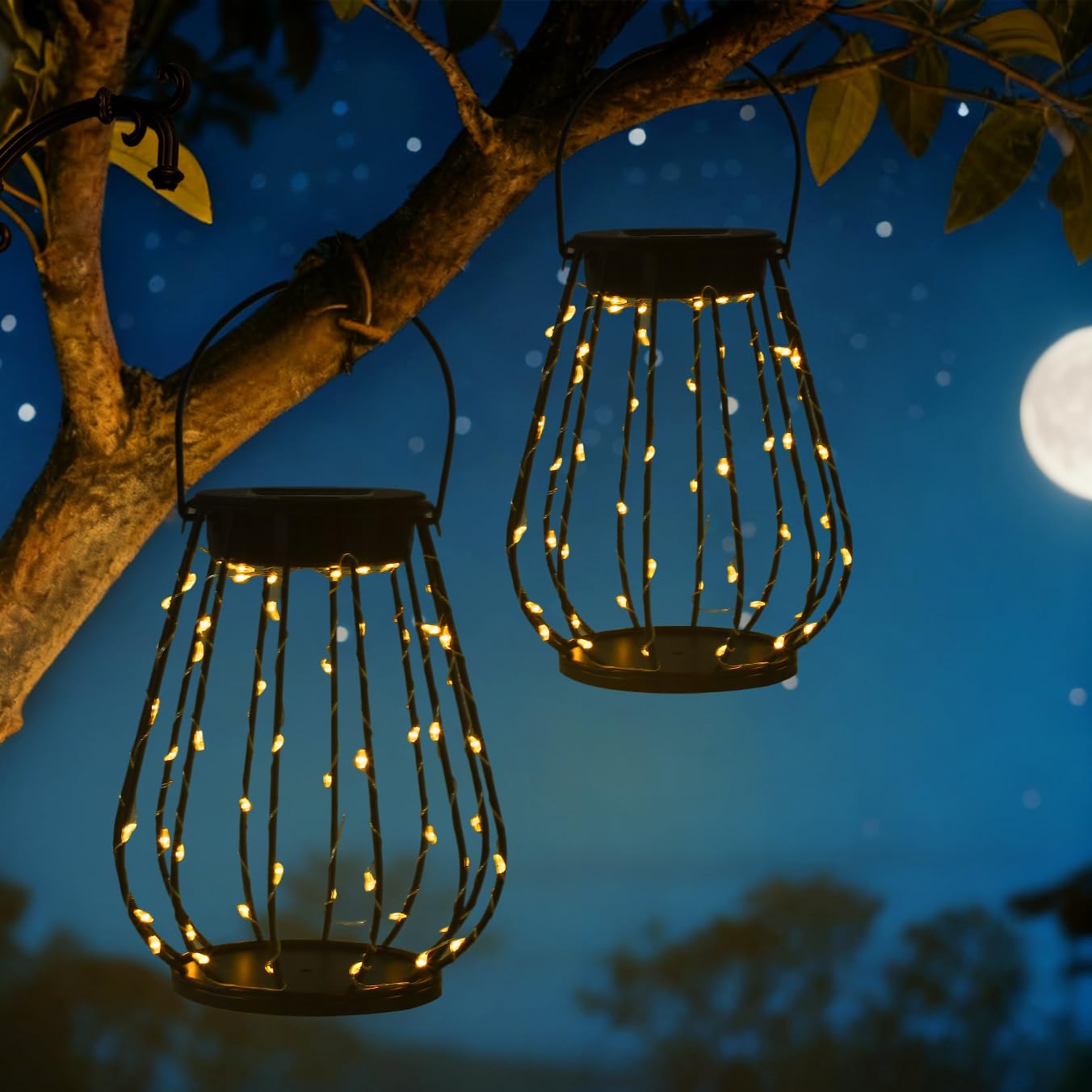 Faroles solares impermeables para exteriores, paquete de 2 faroles colgantes decorativos de metal con cadena de luces LED de color blanco cálido, decoración de patio y jardín, regalo ideal de
