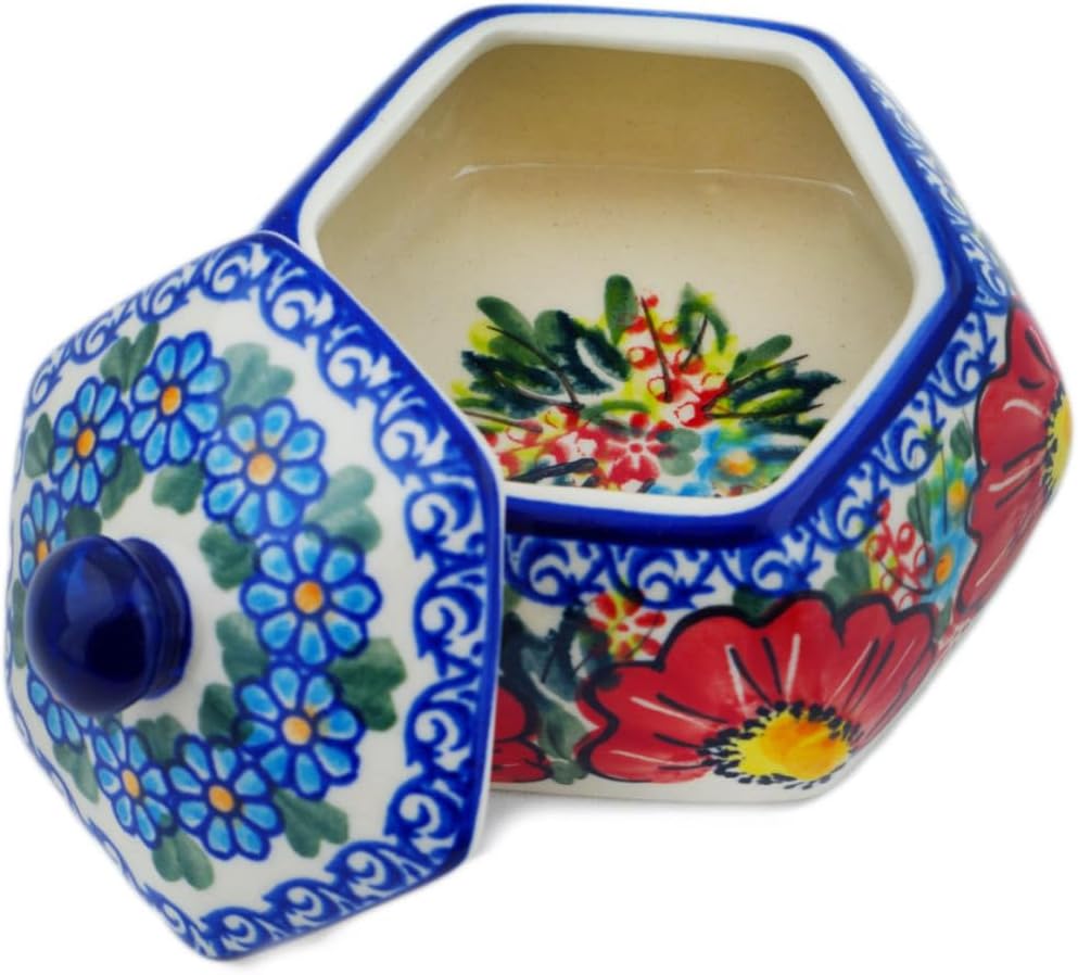 Polmedia Polish Pottery Jar with Lid UNIKAT - Red Hibiscus Pattern Handmade in Boleslawiec Poland + Certificate of Authenticity