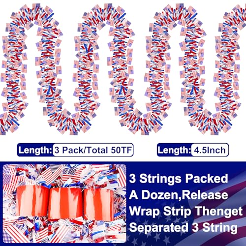 Image of 50FT 4th of July Patriotic Tinsel Garland Decorations, Red White and Blue Tinsel with Flag Metallic Glitter Hanging Garland for Memorial Day 4th of July Independence Day Indoor Outdoor Decor