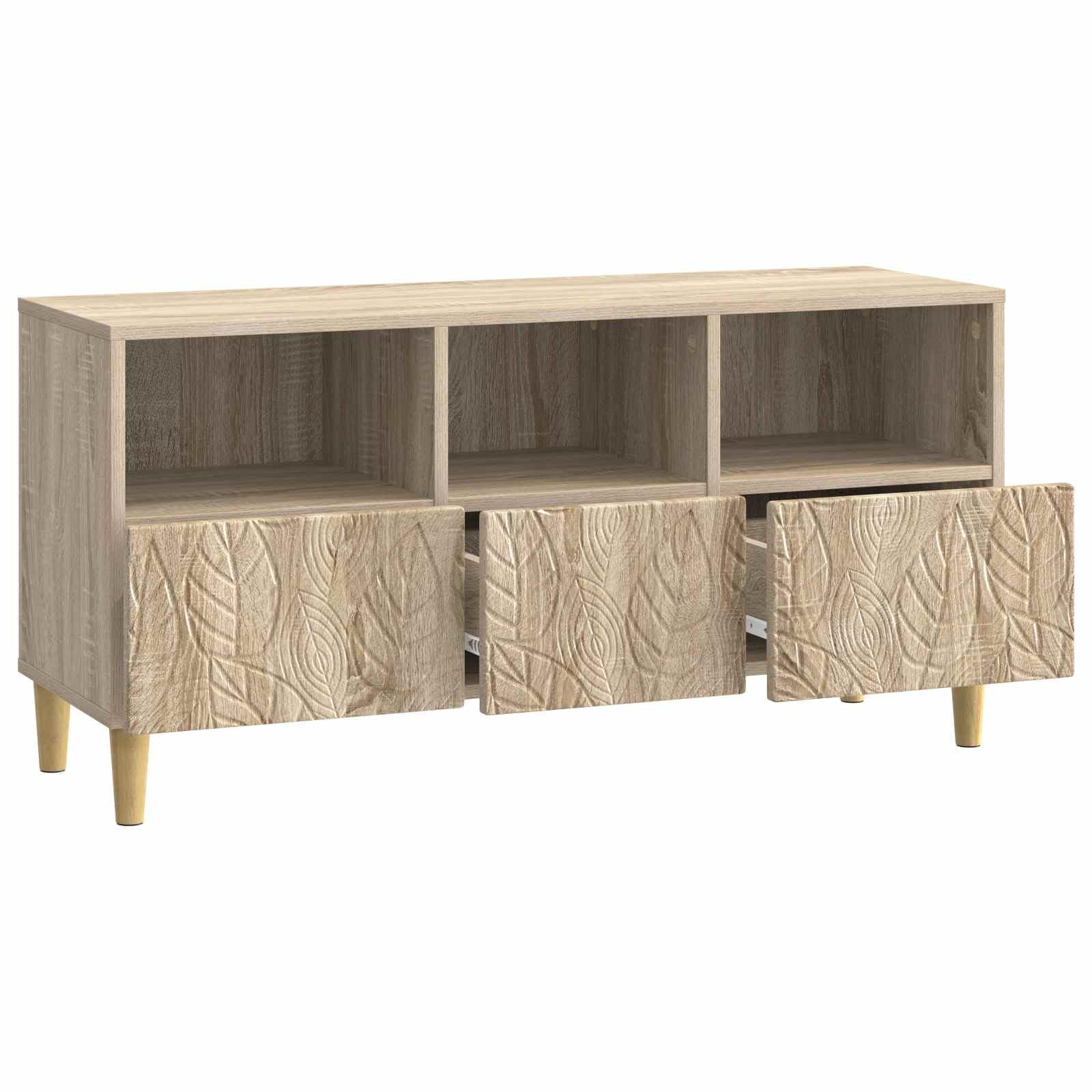 Mobile TV in rovere Sonoma, 102 x 34,5 x 50 cm, con 3 cassetti | Mobile basso robusto per soggiorno con 3 spaziosi cassetti, gambe in legno massiccio di eucalipto e superficie effetto rovere