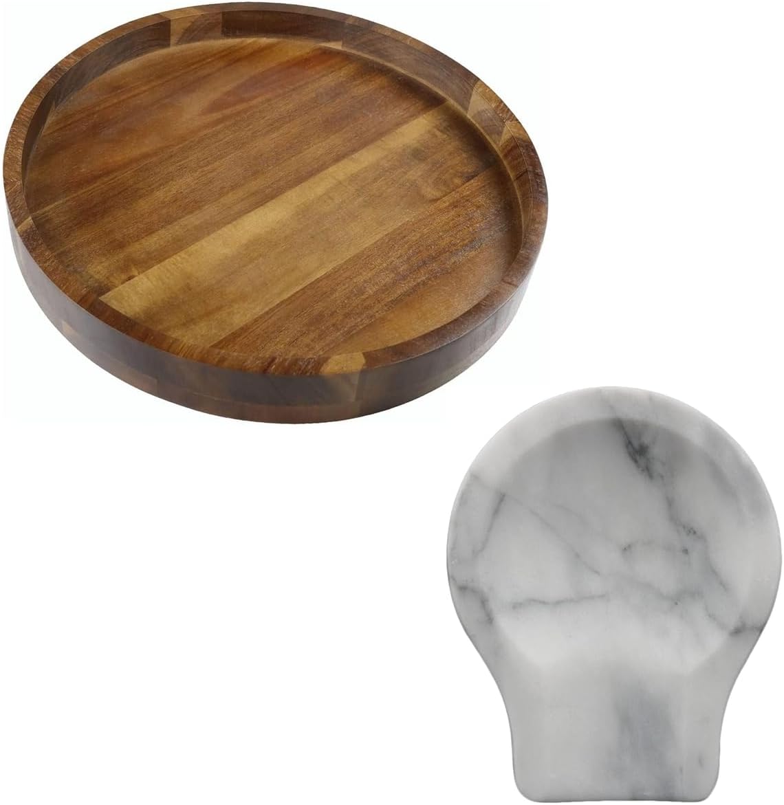 Marble Spoon Rest for Kitchen Counter, Stove Top, Spatula, Tongs Holder with Non-Slip Silicone Feet, 1 Pack + Acacia Wood Round Serving Tray, 13.8" Charcuterie Board Cheese Tray with Rim, 1 Pack