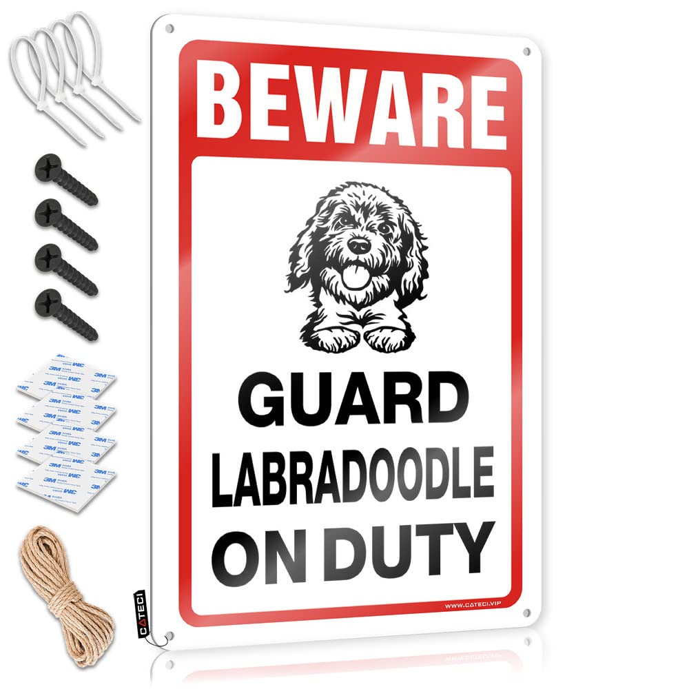 IBWNBBUSN Vintage Tin Signs Funny Beware! Guard Labradoodle On Duty Tin Sign Funny Metal Signs For Outdoors Bar Metal Tin Sign