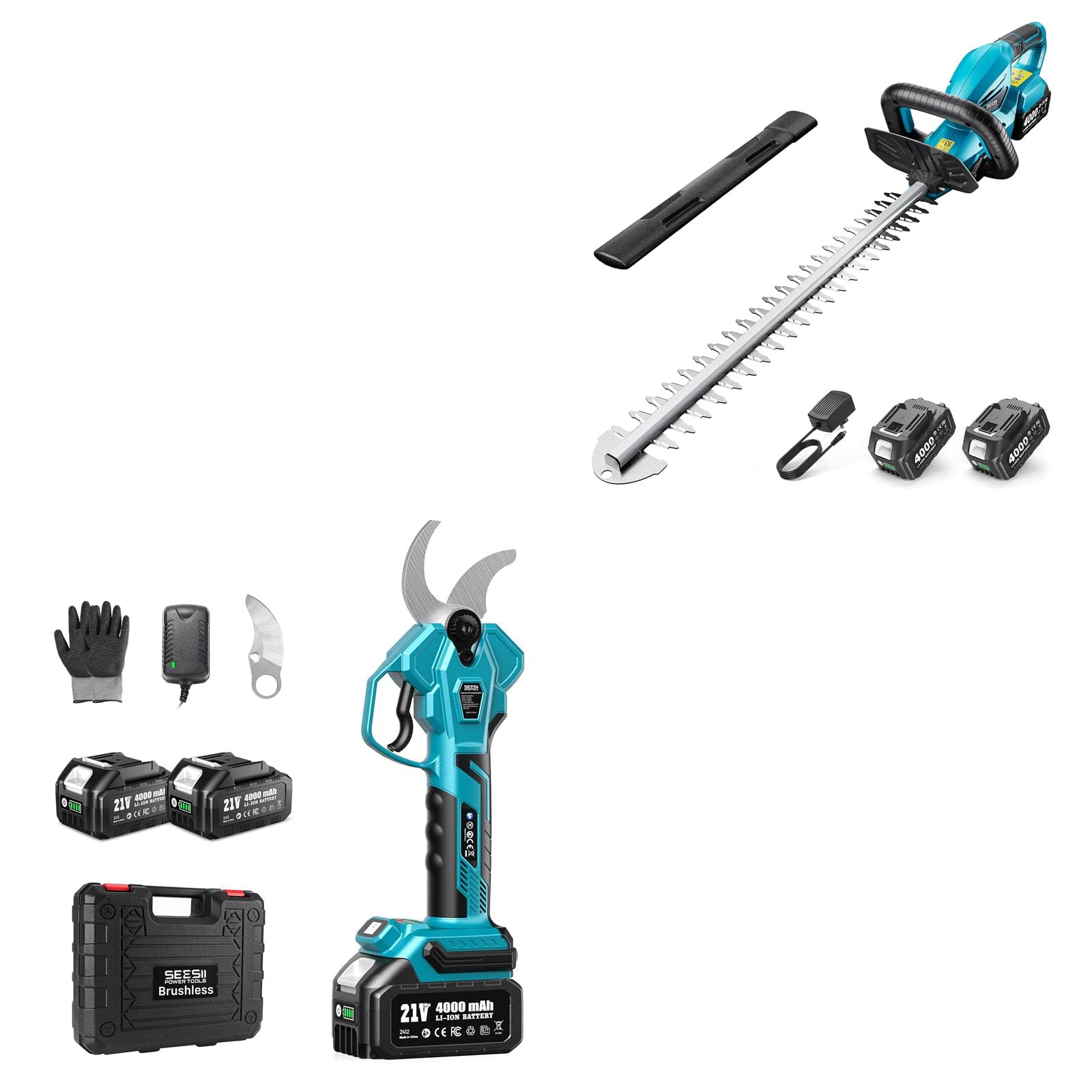 SEESII Cordless Hedge Trimmer for Garden: Electric Handheld Bush Trimmer+Seesii Electric Pruning Shears for Gardening