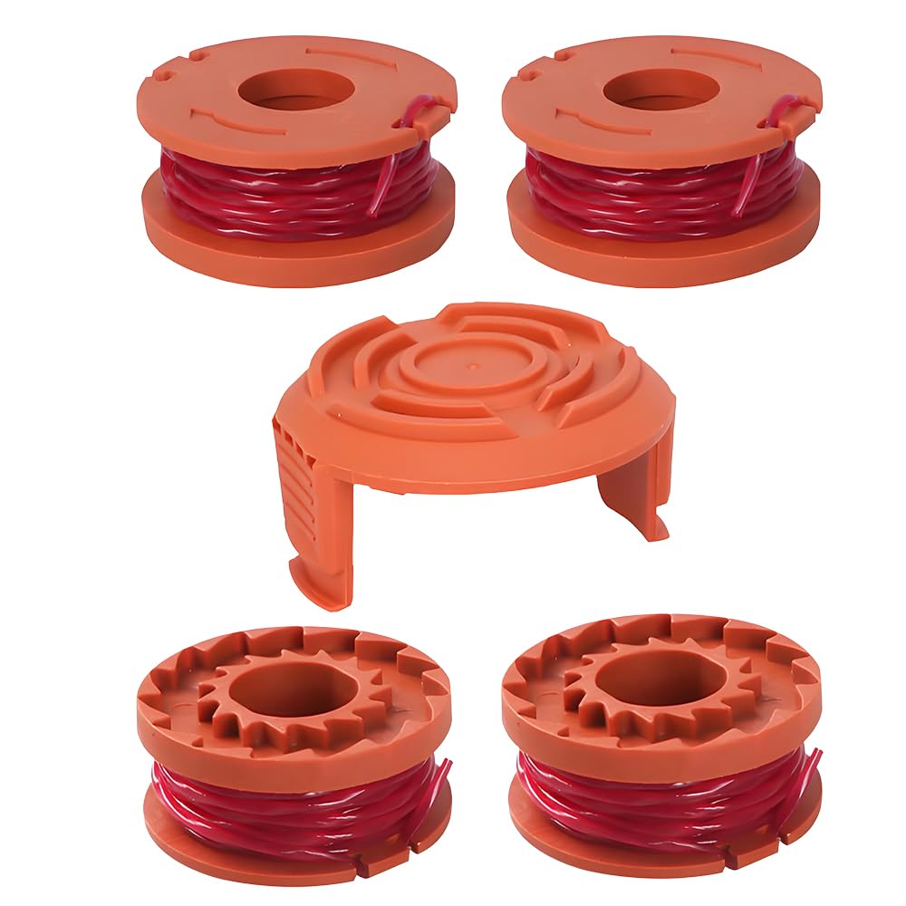 4 Pieces Trimmer Spool Line and 1 Spool Cover Cap Compatible with Worx WG180 WG163 WG175, Double Autofeed Spools Wire Replacement for 20V Cordless Strimmer (1.65mm x 3m)