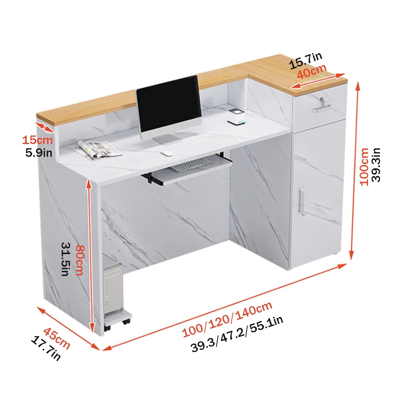 Générique Bureau d'accueil Moderne en Forme de L, Table de réception, comptoir de Caisse avec tiroir verrouillable et Plateau pour Clavier (Blanc E, 100 x 45 x 100 cm)
