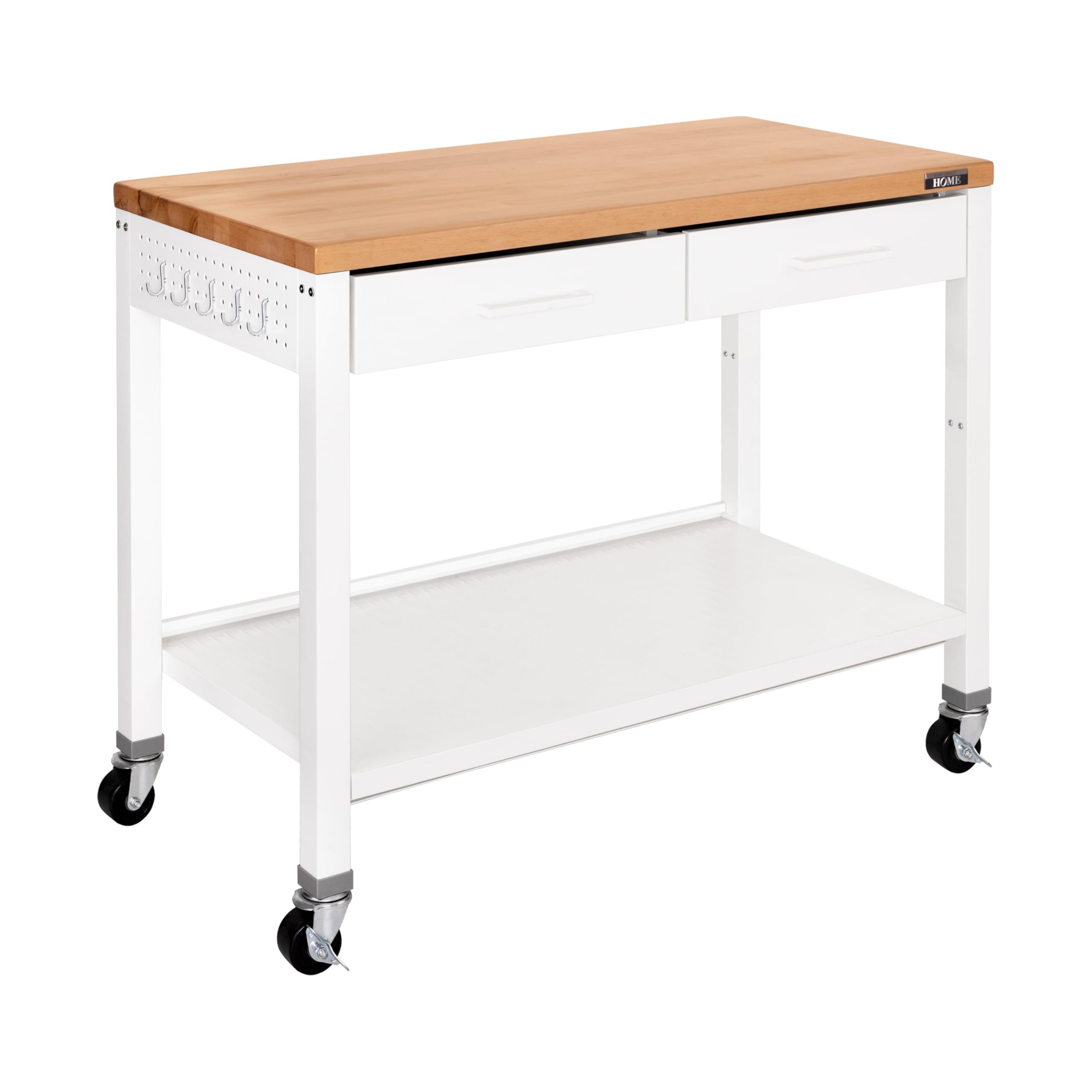 seville classics commercial work table island utility cart prep station, for restaurant, kitchen, warehouse, garage, hotel, home, white w/ solid wood top, 48" w x 24" d