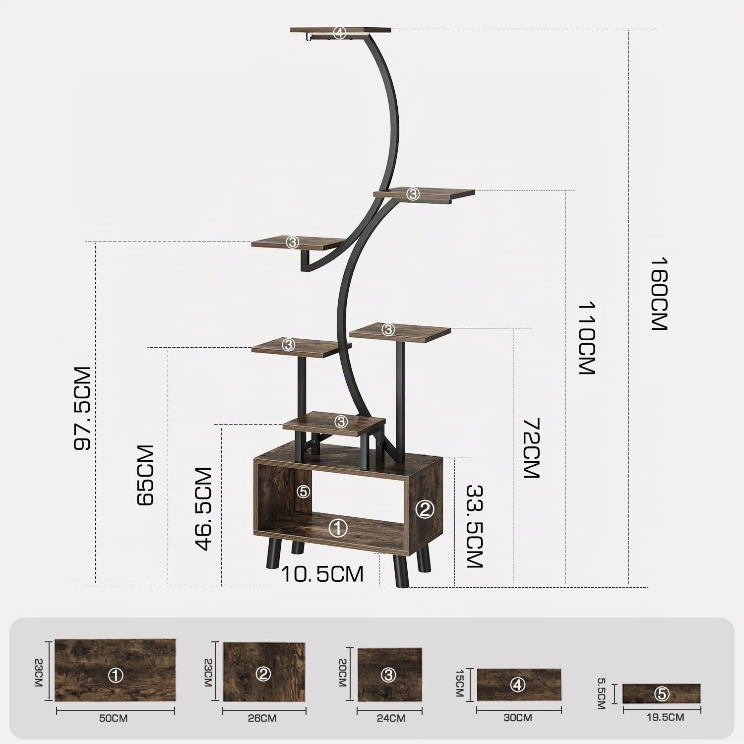 Étagère Plantes 160cm – 8 niveaux, LED croissance, métal + bois