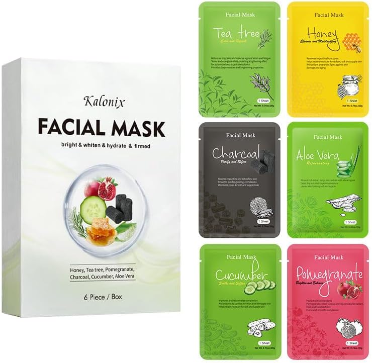 Kalonix Facial Sheet Mask Set - Purifying, Moisturizing, Soothing - Form-Fitting Skincare Face Sheet Masks, All Skin Types and For Men and Women, Pack of 6 Sheet Masks, Perfect for Mother’s Day Gifts