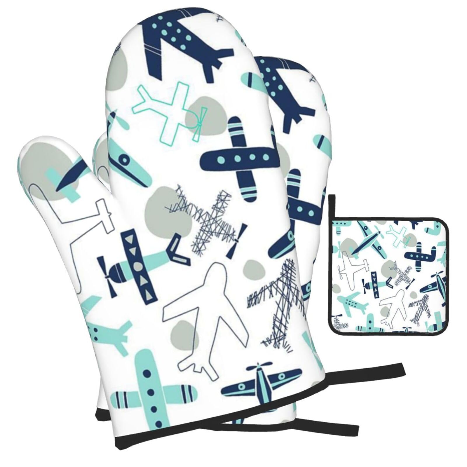 Airplane Printed Oven Mitts and Pot Holders Heat Resistant Set of 3 Pcs, Modern Kitchen Gloves & Potholders for Cooking Baking Grilling