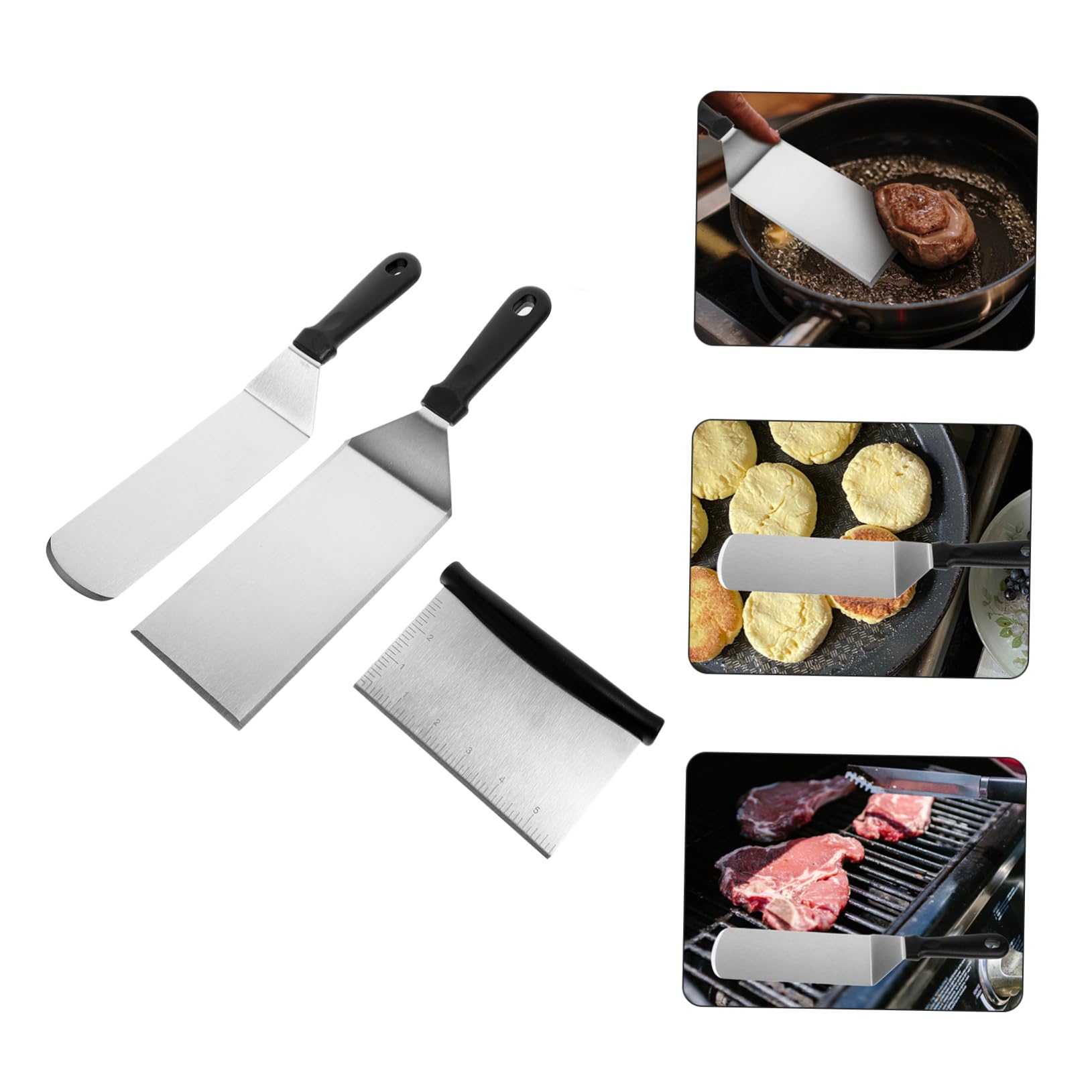 Spatule Cuisine en Acier Inoxydable Manche en Pp Résistant la Chaleur, Ustensile Polyvalent pour Cuisson et Friture, Lot de 3 Set de Set de Pièces Argenté