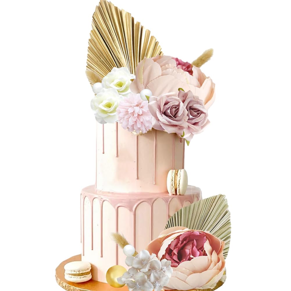 Set Decorazioni Per Torta Boho – Foglie Palma E Perle Viola Per Compleanni, Matrimoni E Feste