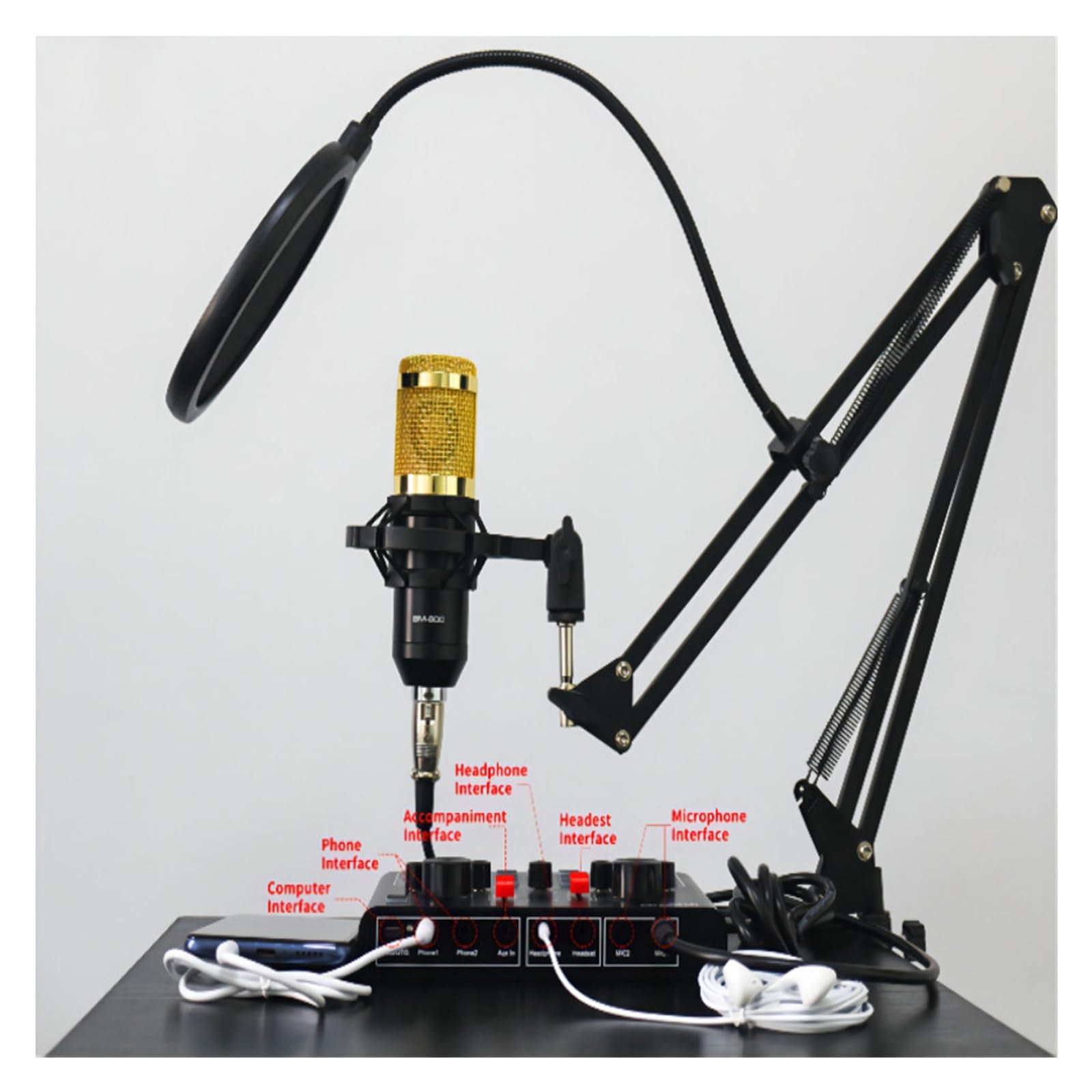 Podcast Equipment, Die Soundkarte kann an ein Headset-Mikrofon eines Computertelefons angeschlossen werden, um Live-Übertragungen und Gesang aufzunehmen(BM900 V9 Big)
