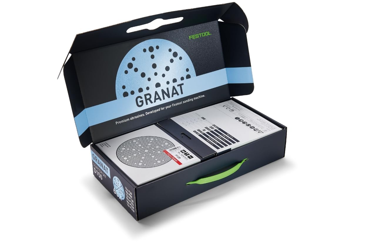 Festool 60x Schleifscheibe STF D150 Granat - 150 mm Schleifpapier Set | Schleifblätter für Exzenterschleifer, 6-fache Körnung P60 bis P320, ideal für VOC-Lacke und härteste Untergründe