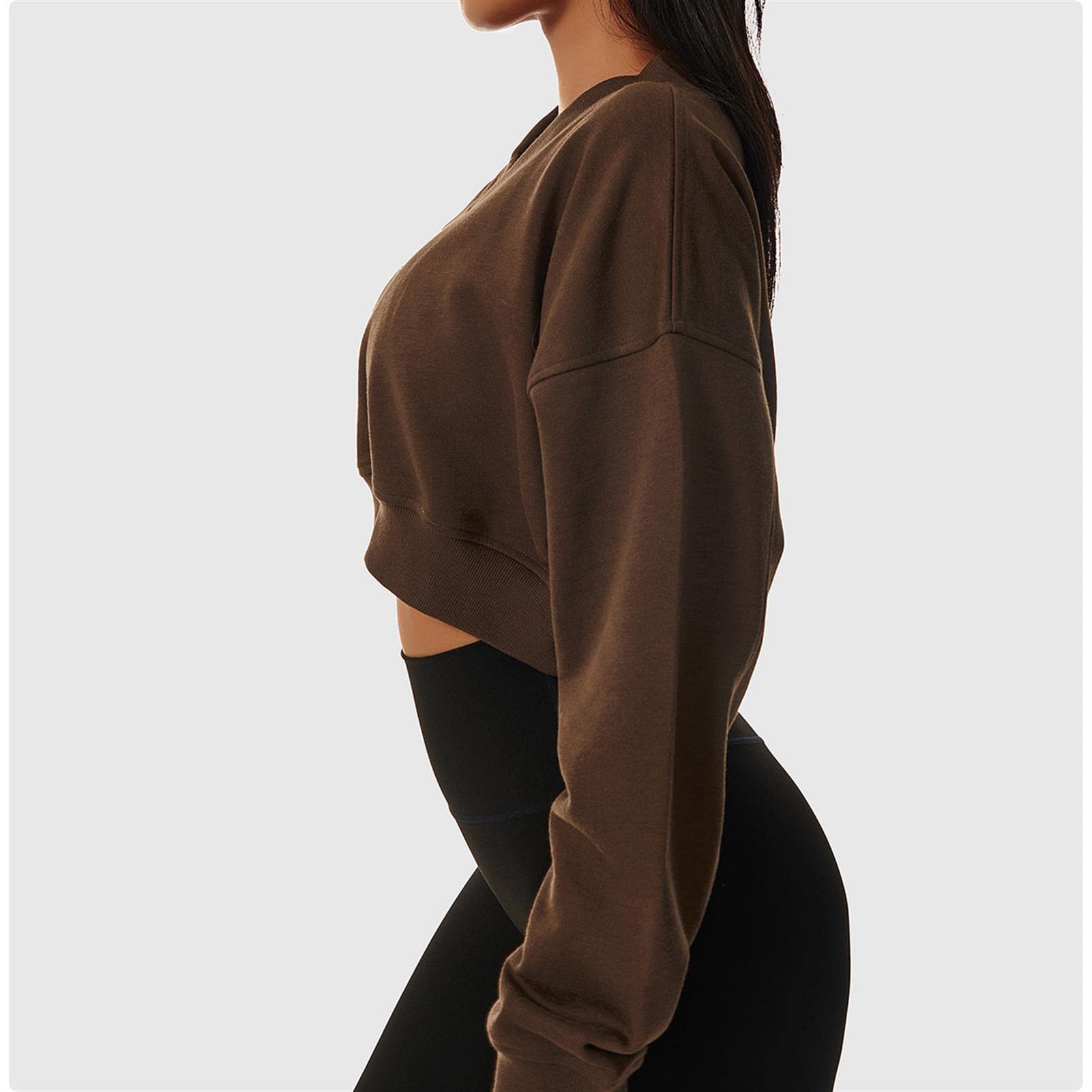Damska luźna bluza sportowa z długim rękawem dekolt w serek sweter na co dzień topy crop trening gorset kurtka outdoorowa odzież fitness, brązowy, 10/M