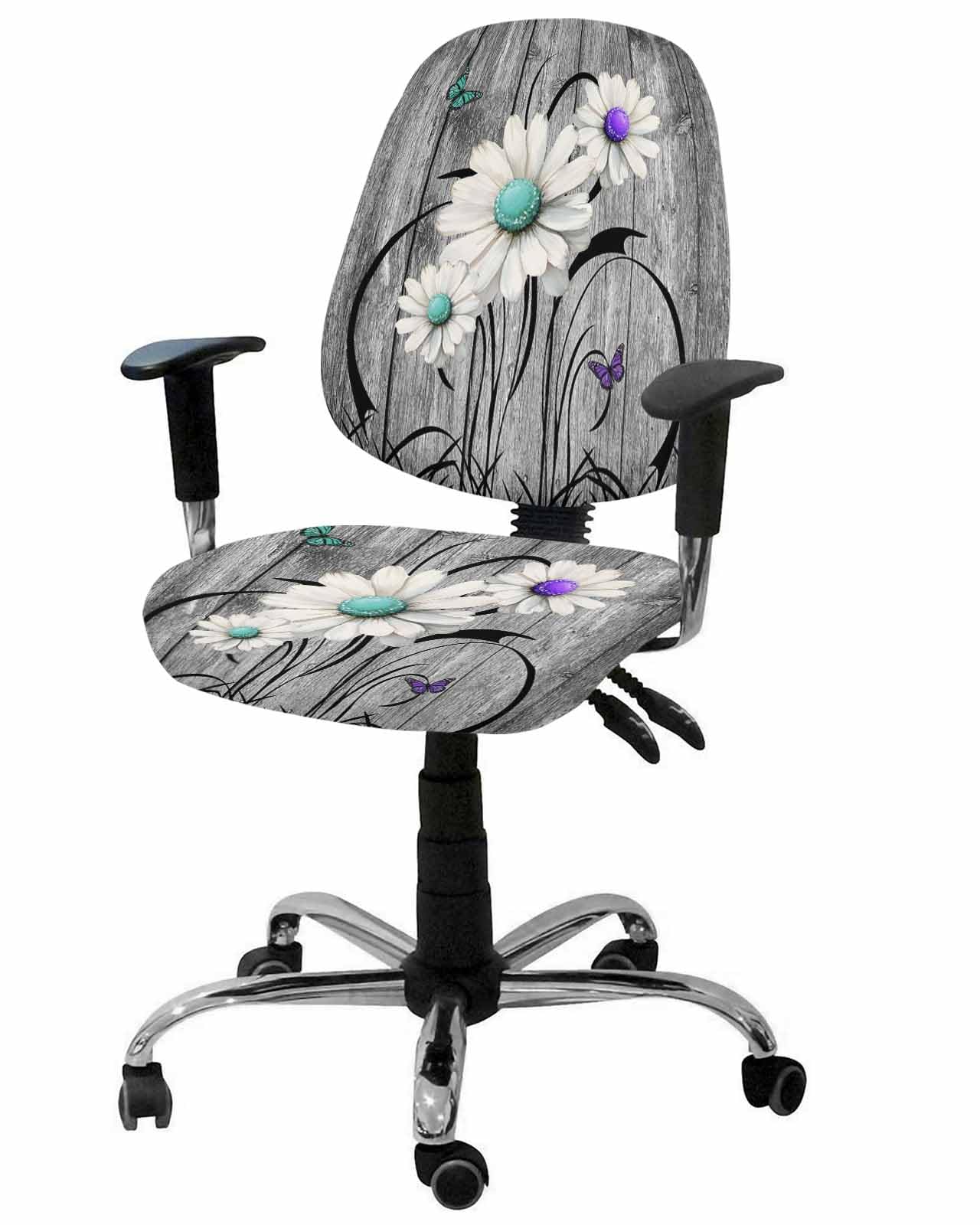 Vintage Daisy 2 Pieces Computer Office Chair Covers Set,Stretchable Desk Rotating Chair Seat Cushion Slipcover Back Covers,Gray Farmhouse Botanical Floral Butterfly Slipcover Back Cover Protector