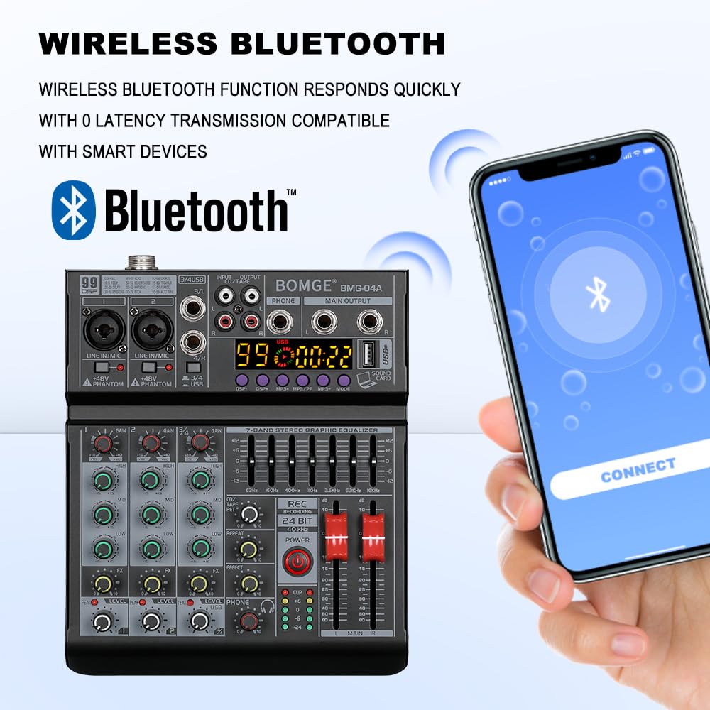 BOMGE Mezclador de audio 04A, consola de mezcla de placa de sonido profesional con USB/Bluetooth/computadora/mezclador de DJ de entrada estéreo de 4 canales, efecto Phantom Digital 99 DSP de 48 V para
