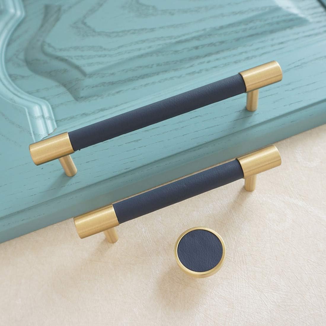 LBFEEL 3.78" 5" Modern Dark Blue Leather Pull Handle Brass Drawer Pull Handle Kitchen Cabinet Door Knob Cupboard Hardware 96 128mm (5" Hole Centers)
