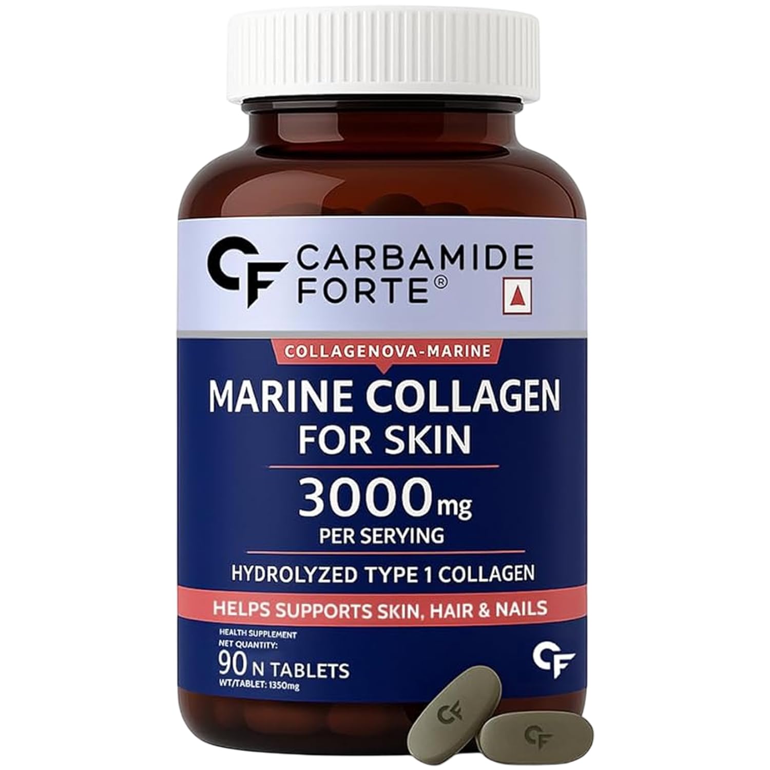 Carbamide Forte Marine Collagen Peptides Tablets | Marine Collagen Supplements for Women And Men For Skin, Hair & Nails - 90 Tablets