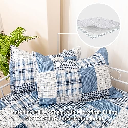 Image of Jarson 3 Piece Plaid Daybed Cover Set Twin Blue Gray White Patchwork Quilted Daybed Bedding Sets Double Side Cozy Sofa Daybed Cover with 2 Shams