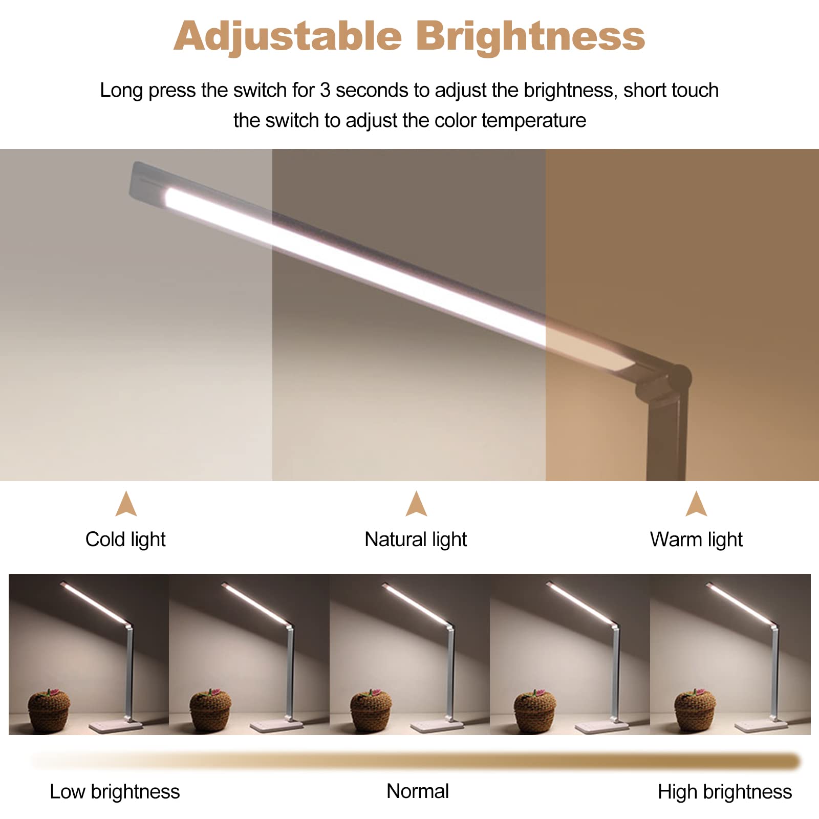 Ergocar Schreibtischlampe LED, Augenschonende Schreibtischlampe mit 5 Farb und 5 Helligkeitsstufen, LED Dimmbar Schreibtischlampe mit USB-Ladeanschluss, Sensible Kontrolle, 30/60 min Auto Timer