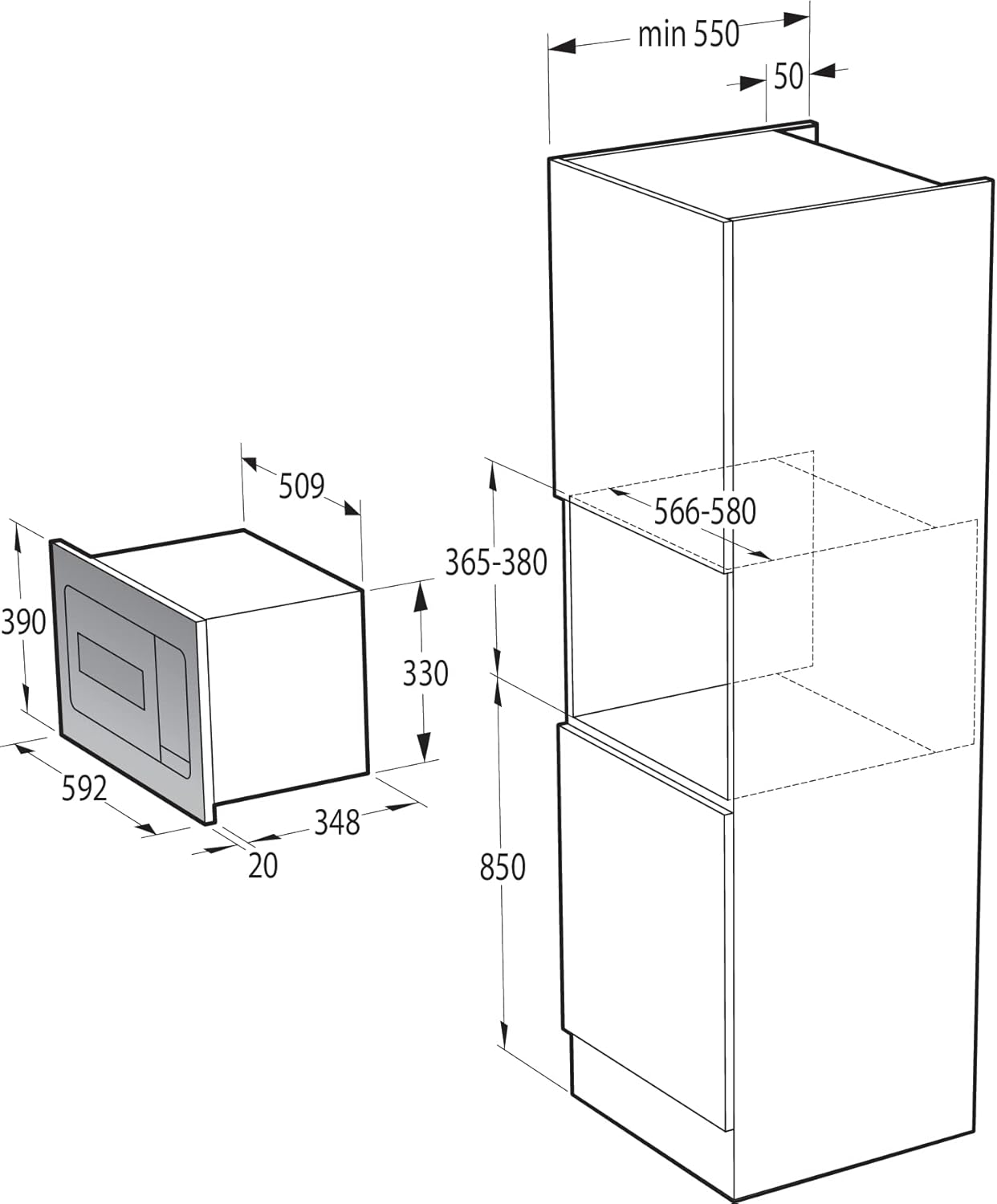 Technical drawing showing installation dimensions for the Gorenje BM235SYW microwave oven
