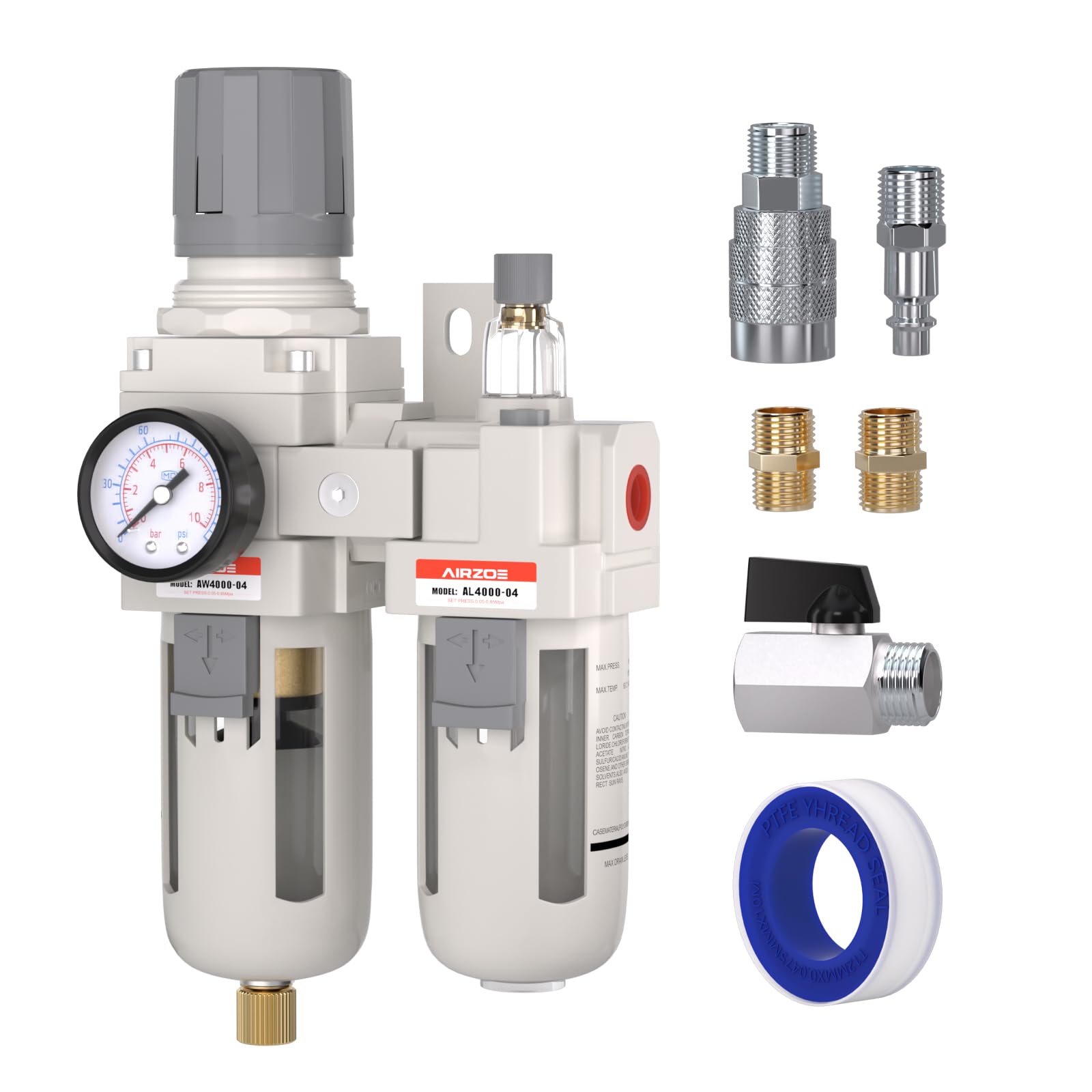 AIRZOE 1/2" NPT Compressed Air Filter Regulator Lubricator Combo, Air Compressor Water Separator AC4010-04,5 Micron Brass Element Semi-Auto Drain,0-