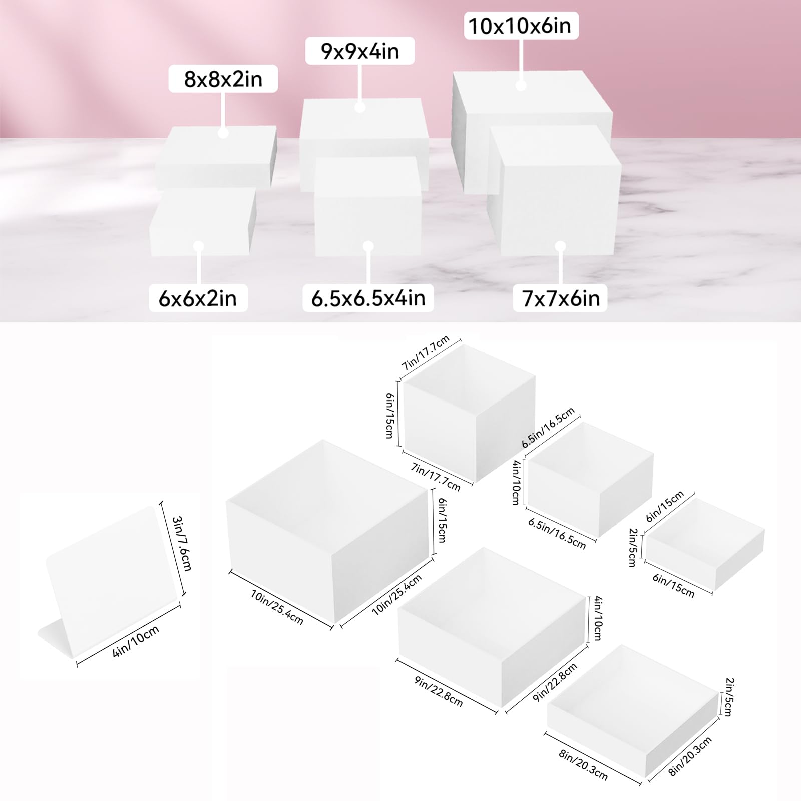 Lot de 6 rehausseurs de buffet en acrylique avec mini panneaux de buffet - Présentoir de table - Différentes tailles - Présentoir alimentaire pour figurines de collection