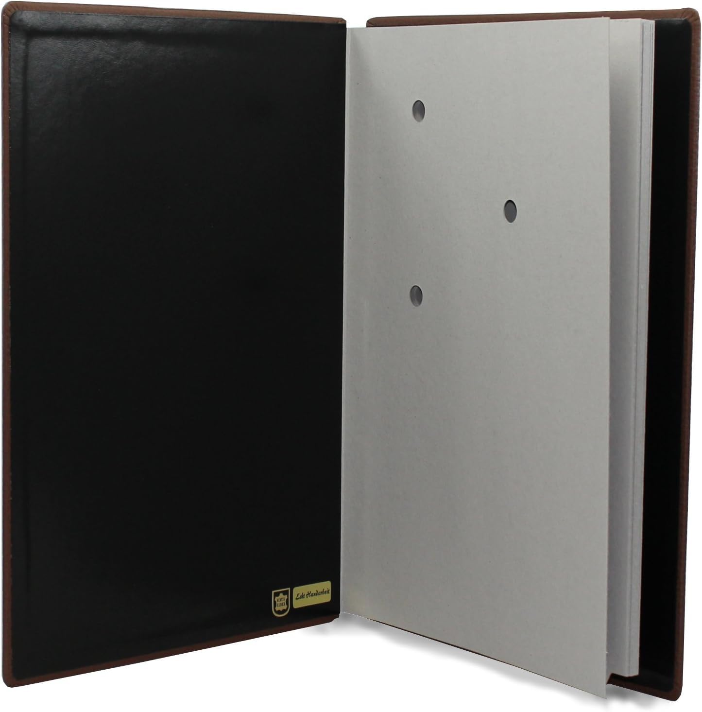 Unterschriftenmappe aus glattem Vollrindleder in Braun, Softcover, dehnbarer Rücken, 20 Register-Trennblätter aus stabiler grauer Kartonage, Aufnahme von DIN A4, Prägungen auf Anfrage