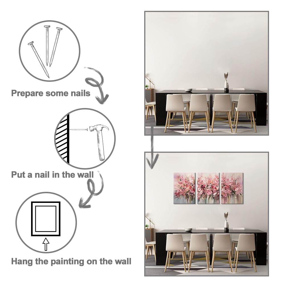 Piy Painting 3 Stück Groß Natur Bilder Wohnzimmer Modern, Rosa Blumenmuster Wandbilder Mit Rahmen,Wandkunst Leinwand Malerei, Leinwanddrucke Für Schlafzimmer Büro Kirche Wanddeko 57X40 cm