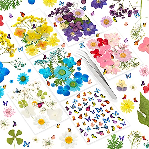 Product Image of the 124pcs Dried Flowers for Resin, Natural Dried Pressed Flowers Leaves Kit with Butterfly Stickers and Tweezers for Jewelry Nail Art Craft Scrapbooking DIY Candle Soap Making Flora Decor Supplies