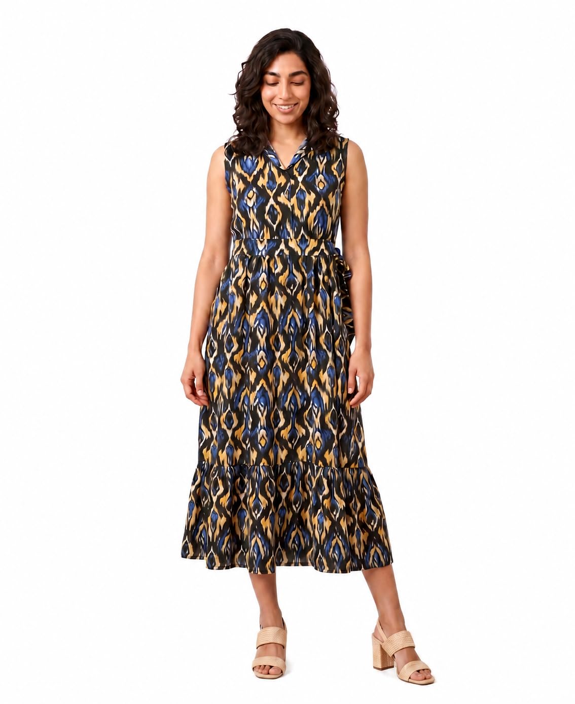 Women's Ikat Printed Maternity Midi Dress | Sleeveless | Collared V-Neck | Fit & Flare Casual Pregnancy Dress for Women-image-23