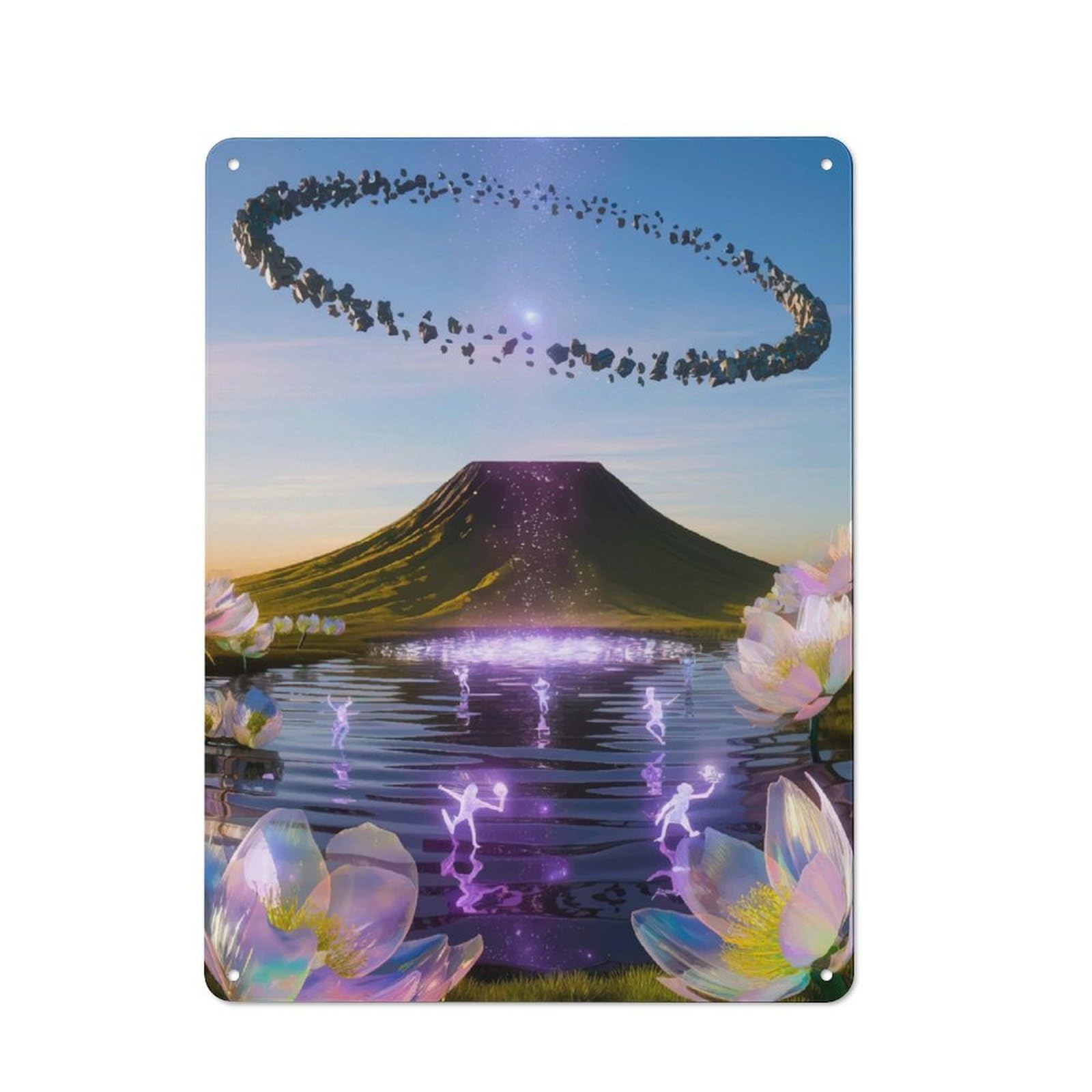 Junmoney Cosmic Lotus Oasis Rustic Metal Plaque 40X30cm For Guest Room Or Hallway, For Home Interiors, Feature Walls And Decorative Displays