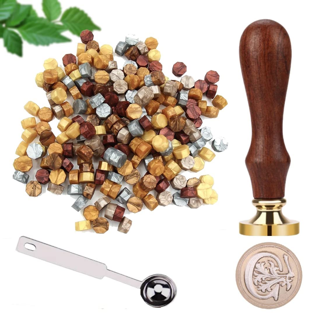 SWANGSA Timbro Per Ceralacca Iniziale T Con Foglie Botaniche | Vintage In Ottone E Legno, 25mm