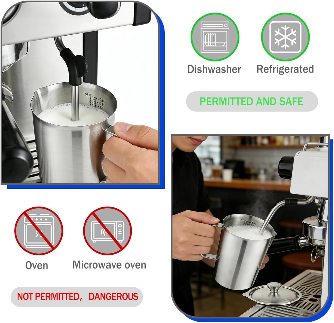 Stainless Steel Pitcher with Lid,70 oz 2 Liter Water Pitcher Large Metal Measuring Cup with Handle,8 Cup Measuring Cup Metal Pitchers,Suitable for Espresso Machines, Latte Art, Iced Tea.