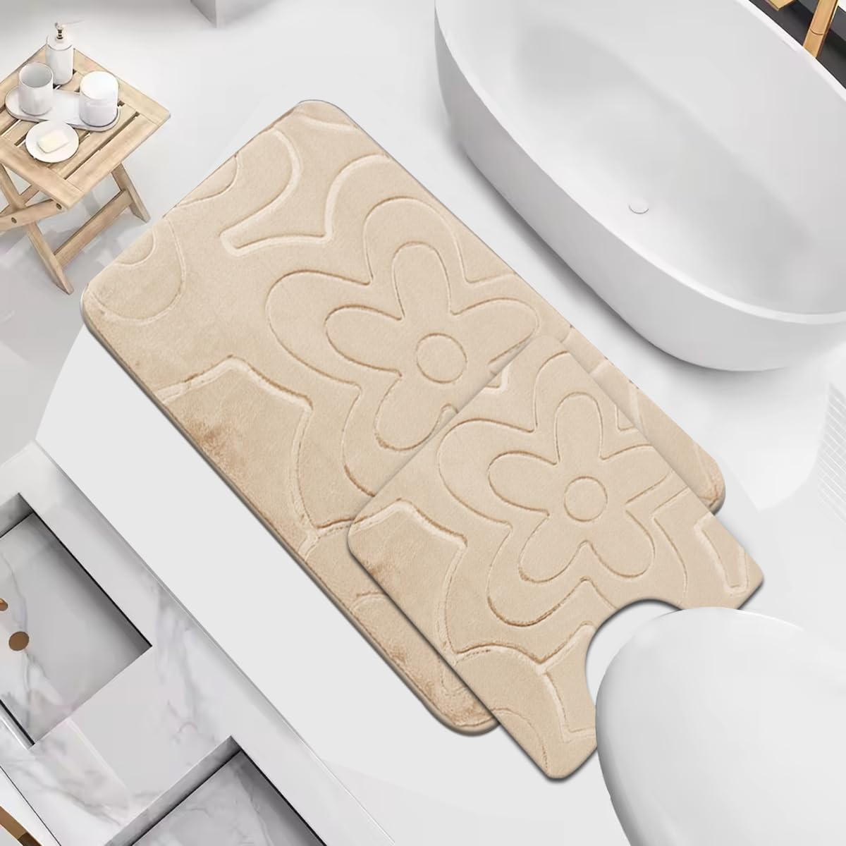 PHP Floral Bath Mat Set - Extra Soft & Cozy Quick Dry Bathroom Toilet Mat - Comfortable Memory Foam Non Slip Floor Matts (Beige, 2PCS,50 x 40 cm, 50 x 80 cm)
