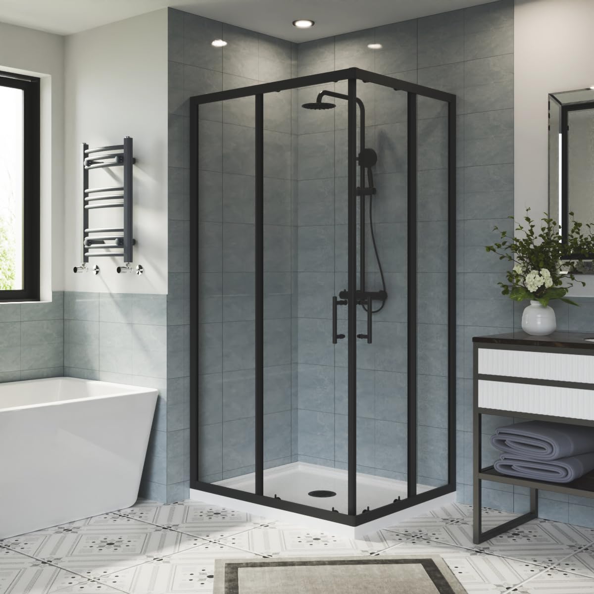 Aquariss Black 1000X800mm Shower Enclosure And White Shower Tray Waste