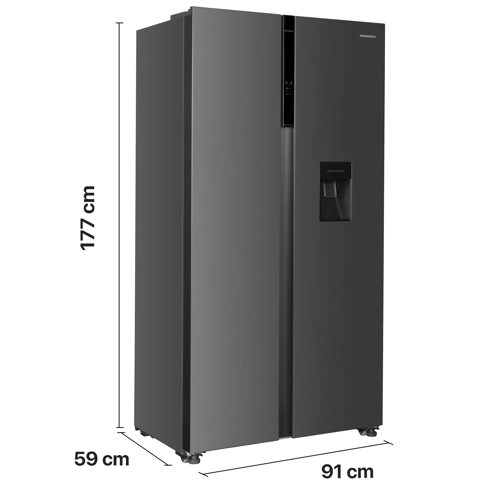 Side-by-Side Kühlschrank HSBS-HM439NFINVXWDD, 439 L, Energieklasse D, No Frost, Inverter-Kompressor, Wasserspender, 288 L Kühlteil, 151 L Gefrierteil, LED-Touch-Display, Silber/Grau
